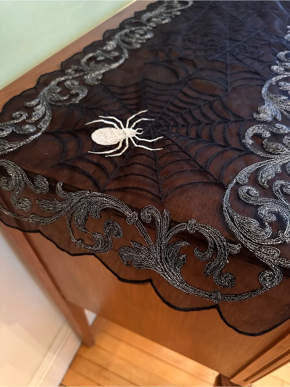 Black Lace Spider Web Table Runner with Silver Embroidery, Halloween, NWT